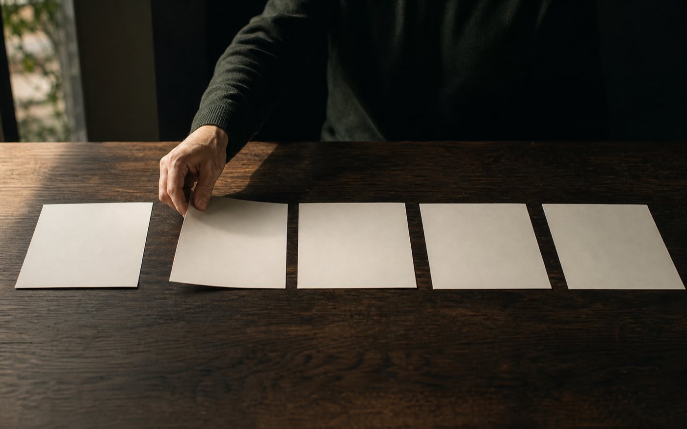 Five unmarked sheets arranged in sequence on a dark table