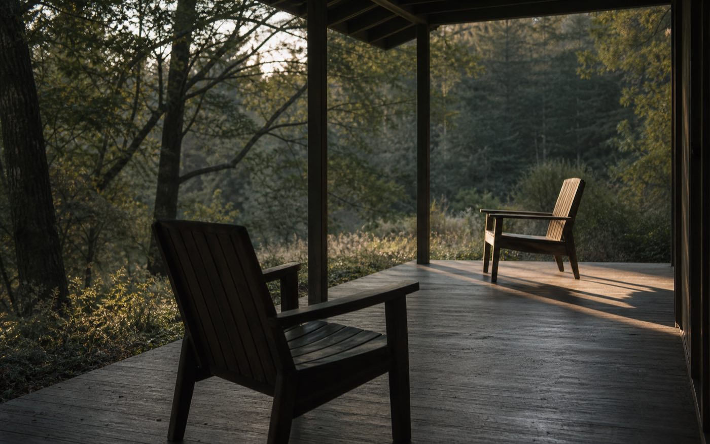 Two porch chairs resting at different distances from the light