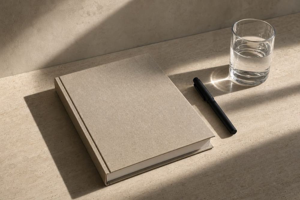 An open planning book on a warm oak surface