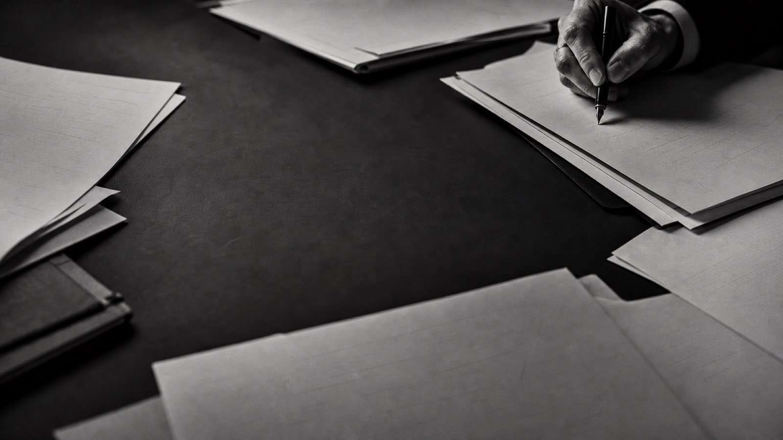 A hand arranging layered planning papers across a dark table
