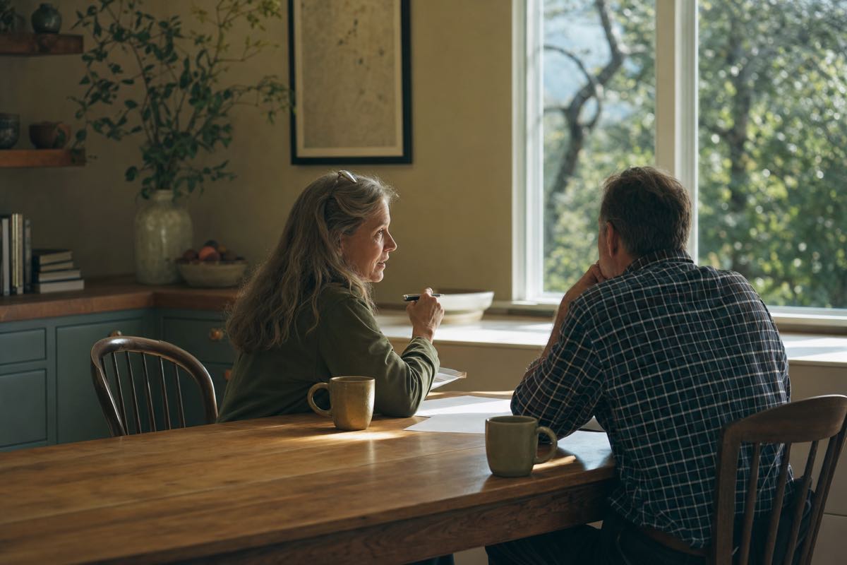 A couple reviewing papers together at a kitchen table