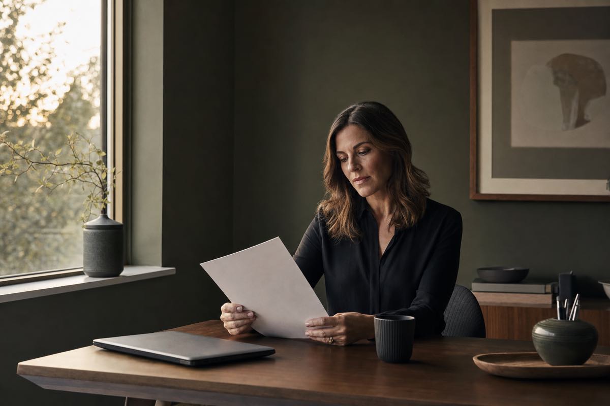 A professional considering a printed document at an evening desk