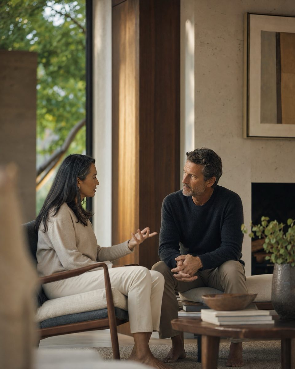 Two people in a quiet conversation beside a window